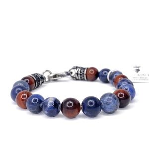 Blackjack Bracelet Beaded Sodalite & Red Tiger Eye Stainless Steel Skull New NWT